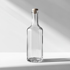 Fototapeta premium A clear glass bottle with a cork stopper on a white background with a shadow falling behind it.