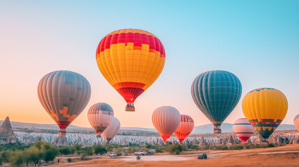Obraz premium Hot air balloons hovering in the sky on sunrise in Cappadocia, Turkey