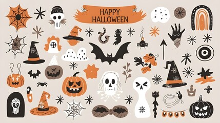 Spooky Halloween Boho Abstract Set. Bohemian Magic Collection Clip Art in Hand-Drawn Style. Creative Contemporary Aesthetic Doodle Elements. Vector Illustration