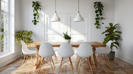Modern Scandinavian Dining Area with Natural Wood Table, White Chairs, and Green Plants for Bright and Airy Ambiance