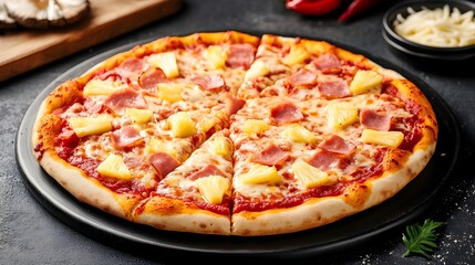 Delicious Hot and Cheesy Italian Pizza with Assorted Toppings on a Wooden Cutting Board