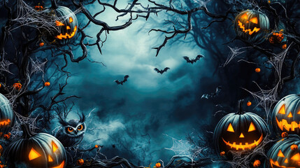 Halloween pumpkins in the forest at night