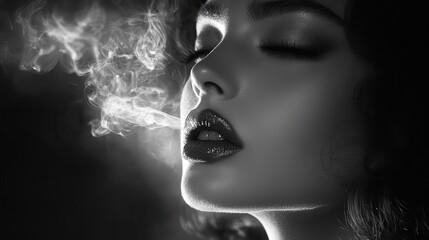 film noir inspired portrait silhouette of elegant woman with cigarette smoke dramatic chiaroscuro lighting vintage glamour aesthetic