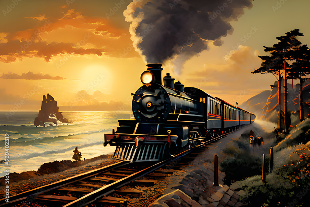 Wall mural artistic depiction of a vintage locomotive