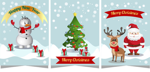 new year cards, set, christmas tree,santa with presents, snowflakes,snowman, deer, snow bluechristmas card with santa claus