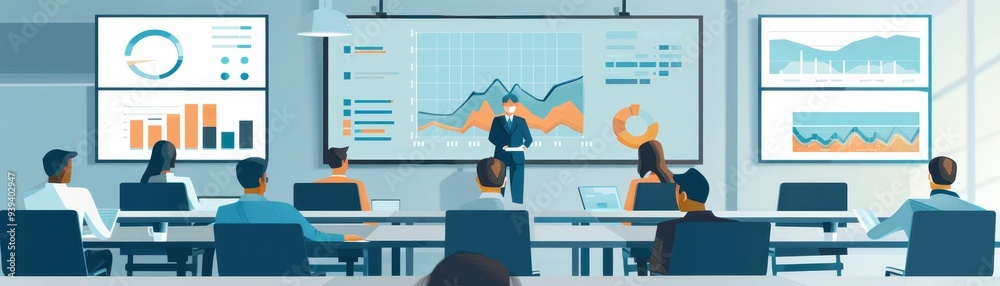 Poster business presentation in a modern office with graphs and charts displayed on large screens, highligh