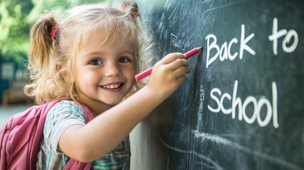 New School Year: Child Writes 'Back to School' on Classroom Board