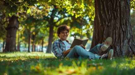 Obraz premium A teenager reading a book under a tree in a park, smiling and enjoying the story