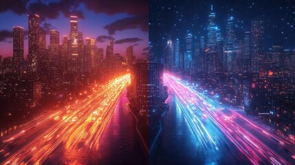 Obraz premium futuristic cityscape inside a glowing neon rectangle holographic projections and light trails create a dynamic cyberpunk inspired scene with vibrant colors against a dark background