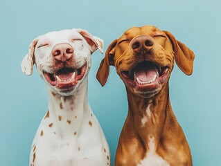 Two dogs one white with brown spots and one brown smiling with mouths open against a blue background A playful portrait of canine joy