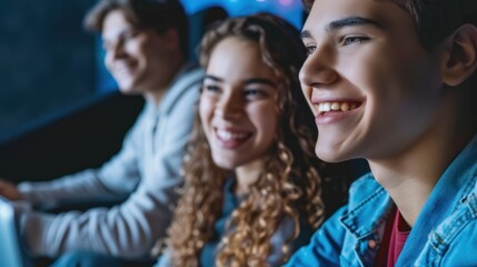 Obraz premium A teenager watching a movie on a laptop with friends, smiling and enjoying the film