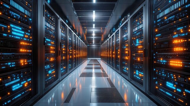 futuristic data center with sleek server racks pulsing blue led lights intricate network of fiber optic cables hightech cybersecurity visual