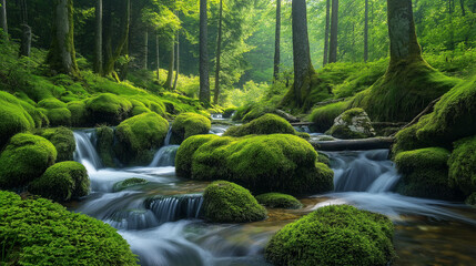 Obraz premium Serene Forest Stream with Moss-Covered Rocks