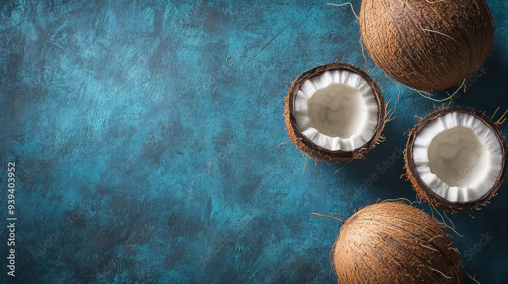 Wall mural exotic coconuts with textured shell on blue textured background