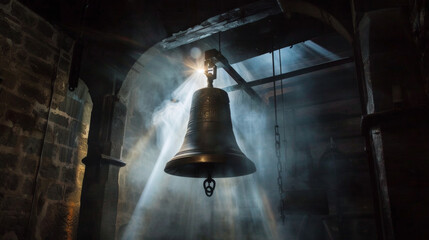 A large medieval church bell moves out of the darkness and swings into a shaft of light