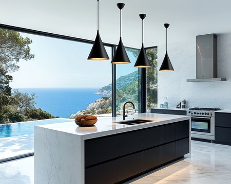 Modern Kitchen Island with Ocean View Black Cabinetry Marble Counter and Sleek Pendant Lights