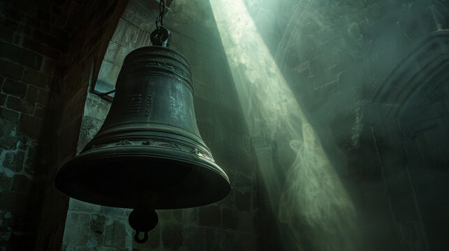 A large medieval church bell moves out of the darkness and swings into a shaft of light