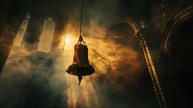 A large medieval church bell moves out of the darkness and swings into a shaft of light