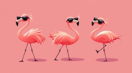 Obraz premium Happy Birthday Flamingo. Funny Dancing Flamingos in Sunglasses Cartoon Illustration