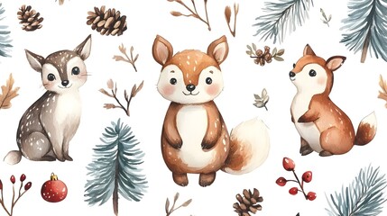 Naklejka premium Cozy Woodland Animals in Winter Forest
