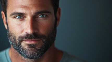 Obraz premium Headshot Backdrop. Man Skincare and Facial Hair Growth in Wellness Studio Setting