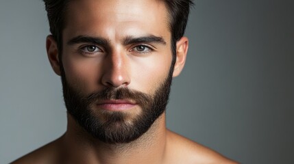 Obraz premium Headshot Backdrop. Man's Face Skincare on Grey Studio Background for Health Care and Wellness