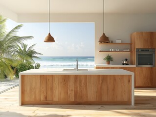 Ocean View Kitchen A Minimalist Interior with Wooden Accents and Beach Scene in the Background