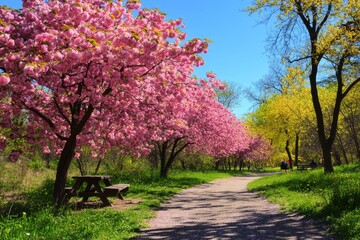 Fototapeta premium High Park Toronto. Spring Picnic with Fresh Cherry Blossoms in Pink and Blue Floral Display