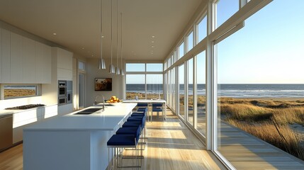 Fototapeta premium Ocean View Kitchen Modern Interior with a Stunning Seascape Through WalltoWall Windows