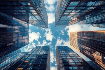 Houston Abstract. Skyward View of Gigantic Glass Skyscrapers in City Landscape