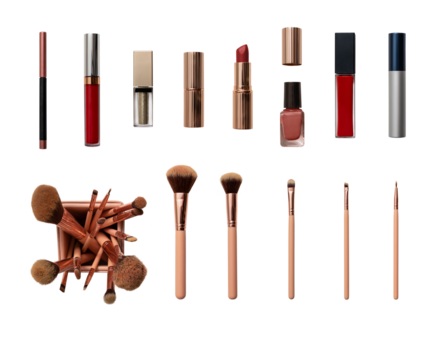 Makeup brush and cosmetics, on a transparent background isolated, with clipping path. Cosmetic makeup accessories. Professional makeup