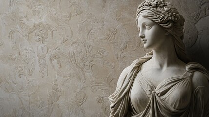 Naklejka premium Elegant marble statue of a serene woman with a detailed background. Classic art symbolizing grace and beauty. Ideal for art and history themes.
