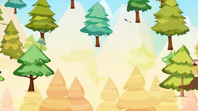 Cartoon-style forest with various green and brown pine trees, set against a backdrop of mountains and a soft sky, creating a whimsical and playful atmosphere