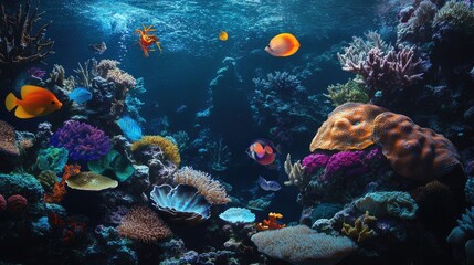 Naklejka premium Fin Rot: Underwater Marine Life Featuring Fish, Corals, and Divers