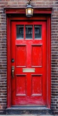 Fototapeta premium Firehouse Door. Red Vertical Brick Door at Fire Station with Safety Lantern