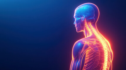 3d render of human back on blue background