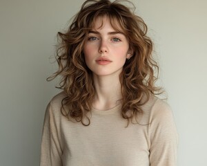 Fototapeta premium Soft Focus A Womans Serene Gaze Captured in a Warm Textured Beige Sweater Her Wavy Hair Cascading Around Her Shoulders