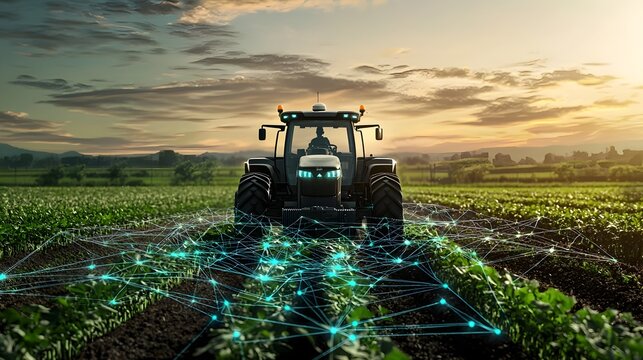 Futuristic AI-Powered Tractor Planting Crops in Geometric Pattern,Showcasing Technological