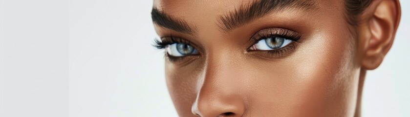 Obraz premium Close-up of a person's striking blue eyes and perfectly groomed eyebrows, showcasing flawless skin and captivating gaze.