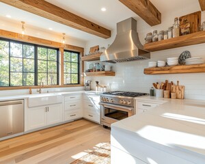 Sunlight bathes a modern kitchen showcasing exposed wooden beams a white countertop and a stainless steel range