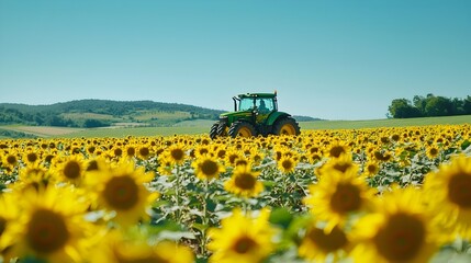 Vibrant Tractor Among Blooming Sunflowers in Picturesque Countryside Landscape