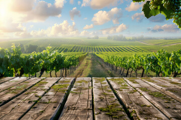 Obraz premium Empty wooden table, with beautiful vineyard view, perfect, very realistic