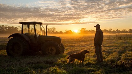 Obraz premium Farmer and His Loyal Companion Beside Tractor at Sunrise with Soft Morning Glow