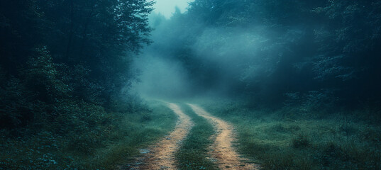 Obraz premium A misty forest path on a dark night, setting a horror and melancholic atmosphere. Suitable for Halloween-themed designs or spooky backgrounds.
