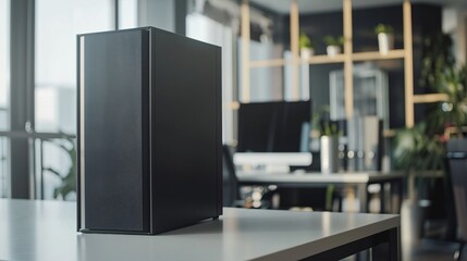 Close-up of a black server computer tower case on a white office desk with selected focus, showcasing modern it equipment and technology infrastructure in a professional workspace