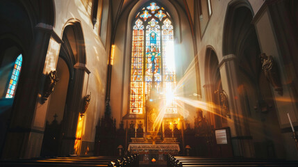 Fototapeta premium A church with a great view of a stained glass window. The morning sun shines brightly through the window