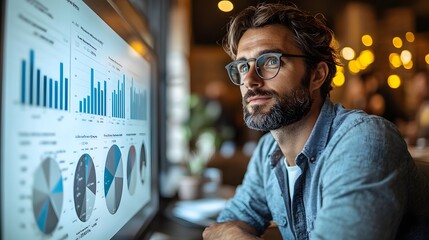 CEO presenting data to investors, projector screen displaying graphs, product sales, revenue growth strategy, e-commerce analysis