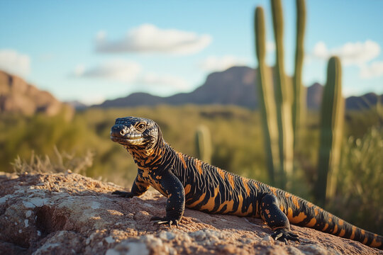 Portrait of a Gila Monster lizard in the desert
