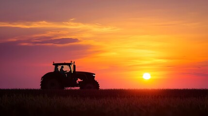 Obraz premium Minimalist Tractor Silhouette Against Glowing Sunset Landscape