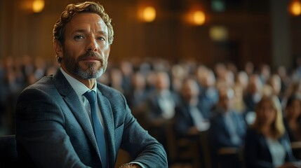 Fototapeta premium Speaker addressing a group of business professionals in a conference room, corporate strategy presentation, focused audience